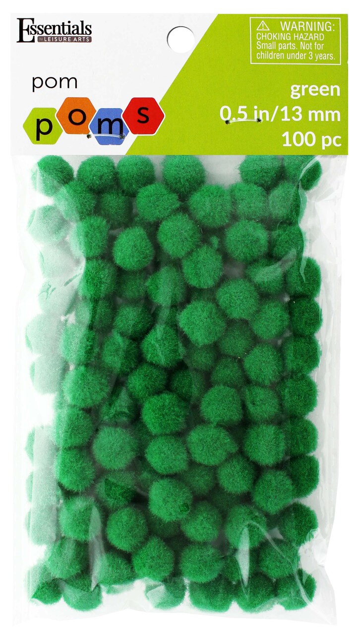 Essentials by Leisure Arts Pom Poms, Green, 1/2", 100 Pieces per Pack